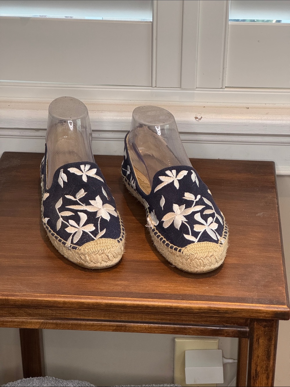 Soludos Navy Espadrilles with White Floral Embroidery